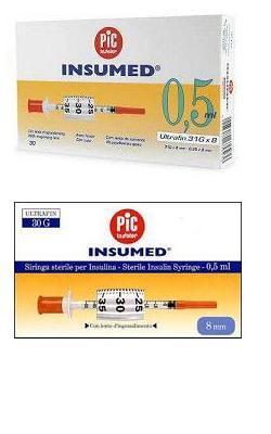 SIRINGA PER INSULINA PIC INSUMED 0,5 ML 100 UI AGO GAUGE 29 LUNGHEZZA 12,7 MM SENZA SPAZIO MORTO 3 SACCHETTI DA 10 PEZZI - farmanauta.it