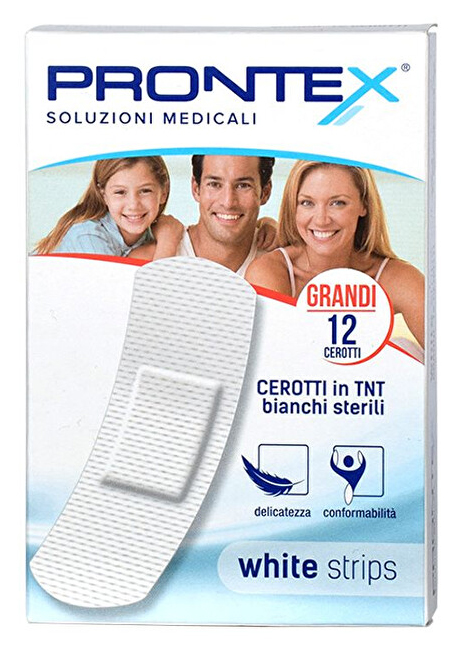 CEROTTO PRONTEX WHITE STRIPS IN TESSUTO NON TESSUTO BIANCO STERILE SCATOLA 12 CEROTTI GRANDI - farmanauta.it