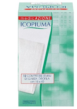 ICOPIUMA GARZA COMPRESSA IDROFILA IN COTONE PIEGATA STERILE SENZA FILO DI BARIO TITOLO 12/8 MISURA 18X40 CM IN BUSTA SINGOLA 12 PEZZI - farmanauta.it