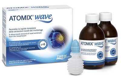 ATOMIX WAVE DISPOSITIVO PER IGIENE RINOFARINGEA ATOMIX SOLUZIONE SALINA 250 ML 2 PEZZI + TERMINALE NASALE + EROGATORE A SOFFIETTO - farmanauta.it