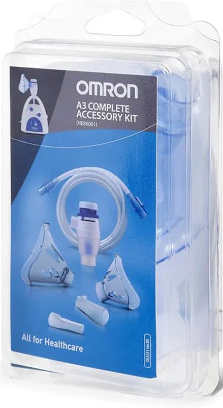 OMRON A3 COMPLETE KIT RICAMBIO AMPOLLA REGOLABILE + TUBO + MASCHERINA PEDIATRICA + MASCHERINA ADULTI + FORCELLE NASALI + BOCCAGLIO - farmanauta.it