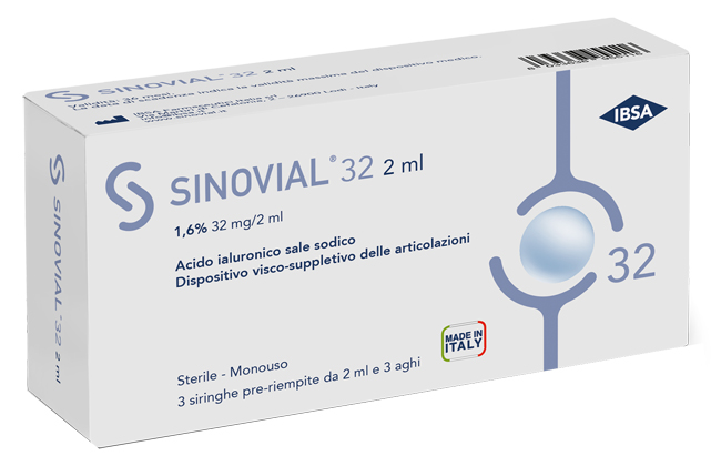 SIRINGA INTRA-ARTICOLARE SINOVIAL 32 ACIDO IALURONICO SALE SODICO 1,6% 32MG/2ML 3 SIRINGHE X 2ML + 3 AGHI - farmanauta.it