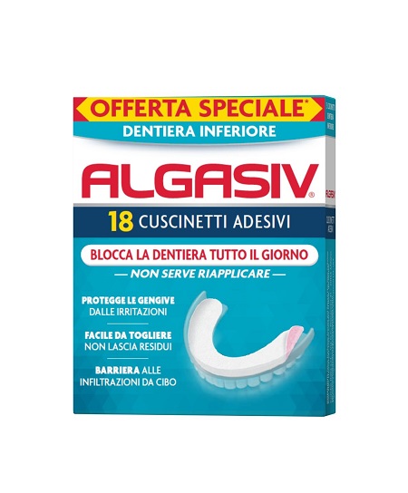 ALGASIV ADESIVO PER PROTESI DENTARIA INFERIORE 15 PEZZI OFFERTA SPECIALE + 3 PEZZI - farmanauta.it