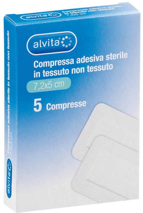 ALVITA GARZA COMPRESSA ADESIVA STERILE IN TESSUTO NON TESSUTO ESTENSIBILE BIANCO 7,2X5CM 5 PEZZI - farmanauta.it