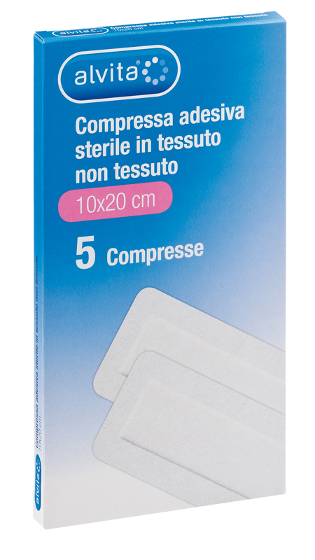 ALVITA GARZA COMPRESSA ADESIVA STERILE IN TESSUTO NON TESSUTO ESTENSIBILE BIANCO 10X20CM 5 PEZZI - farmanauta.it