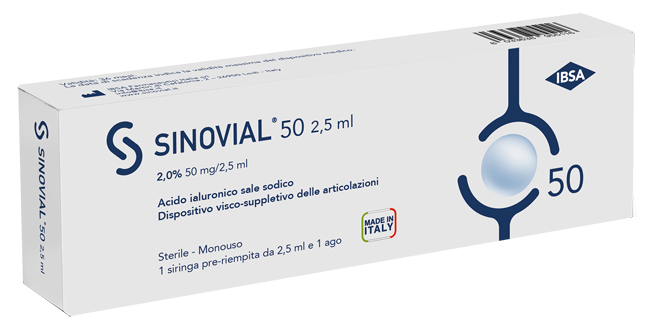SIRINGA INTRA-ARTICOLARE SINOVIAL 50 ACIDO IALURONICO SALE SODICO 2% 50MG/2,5ML 2,5ML + AGO 21 GAUGE - farmanauta.it