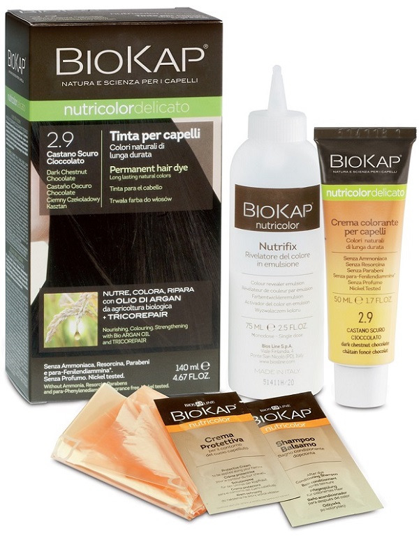 BIOKAP NUTRICOLOR DELICATO 2,9 CASTANO SCURO CIOCCOLATO TINTA TUBO + FLACONE - farmanauta.it