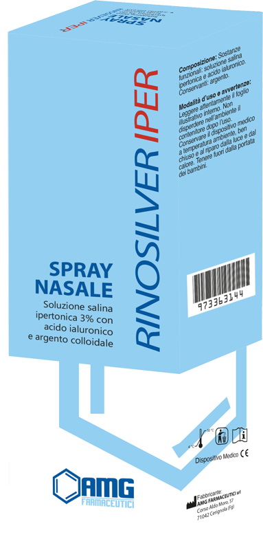 RINOSILVER SOLUZIONE SALINA IPERTONICA 3% CON ACIDO IALURONICO E ARGENTO COLLOIDALE SPRAY NASALE 20 ML - farmanauta.it