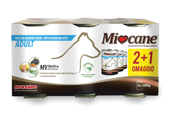MIOCANE PATE' TRIS ADULT SALMONE/FARRO 3 X 400 G - farmanauta.it