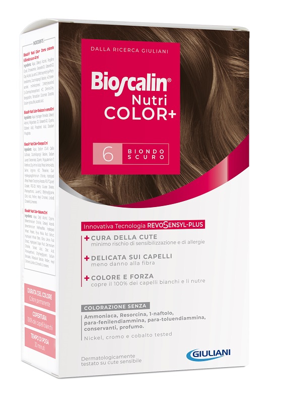 BIOSCALIN NUTRICOLOR PLUS 6 BIONDO SCURO CREMA COLORANTE 40 ML + RIVELATORE CREMA 60 ML + SHAMPOO 12 ML + TRATTAMENTO FINALE BALSAMO 12 ML - farmanauta.it