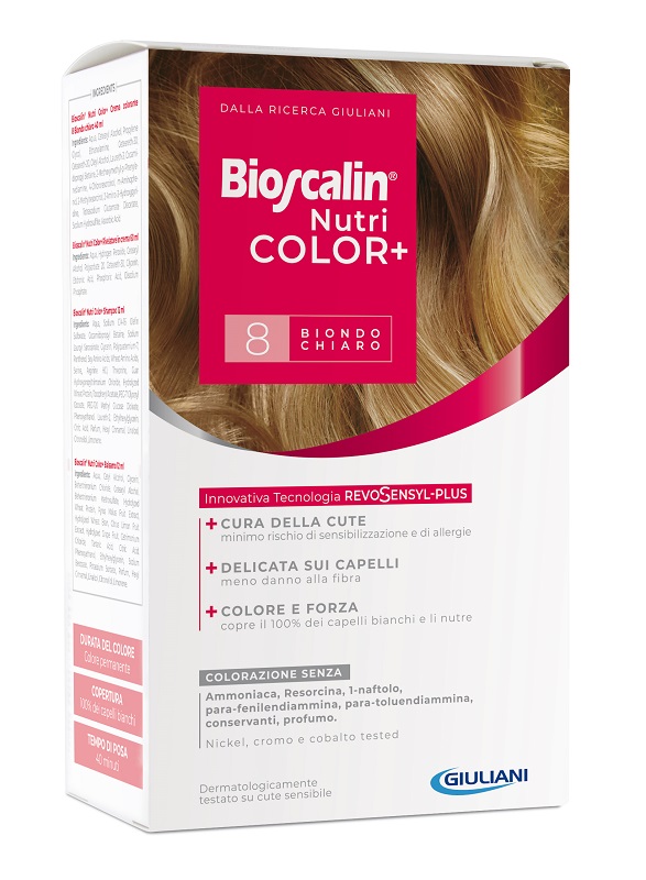 BIOSCALIN NUTRICOLOR PLUS 8 BIONDO CHIARO CREMA COLORANTE 40 ML + RIVELATORE CREMA 60 ML + SHAMPOO 12 ML + TRATTAMENTO FINALE BALSAMO 12 ML - farmanauta.it