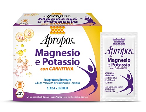 APROPOS MAGNESIO E POTASSIO CON CARNITINA 24 BUSTINE SOLUBILI DA 3,5 G GUSTO ARANCIA SENZA ZUCCHERI - farmanauta.it